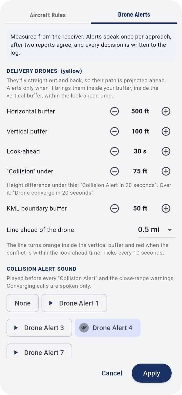 Drone Alerts: delivery drones (left) and the alert sound and new-drone announcements (right).