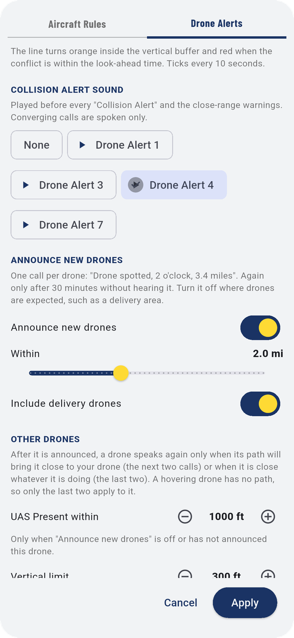 Drone Alerts: delivery drones (left) and the alert sound and new-drone announcements (right).