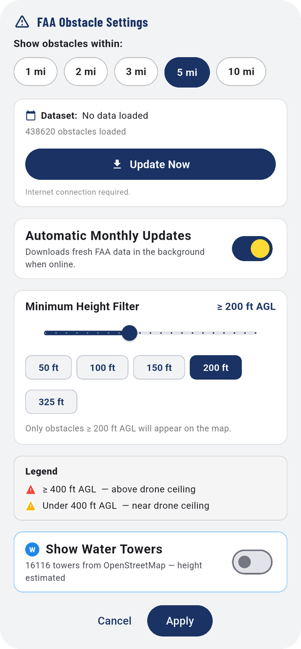 FAA Obstacle Settings.