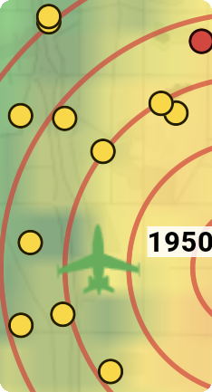 Lightning on the map. Red dots are flashes in the last 5 minutes; yellow dots are older.
