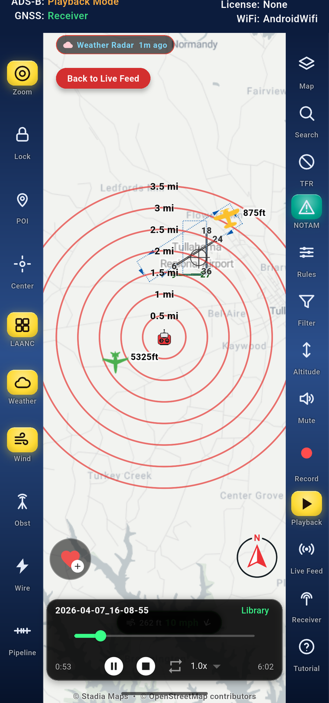 The map during playback of a recorded flight near Tullahoma, Tennessee.