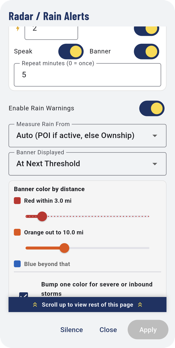 Rain warnings and banner colors (left), and the rain warning distances (right).