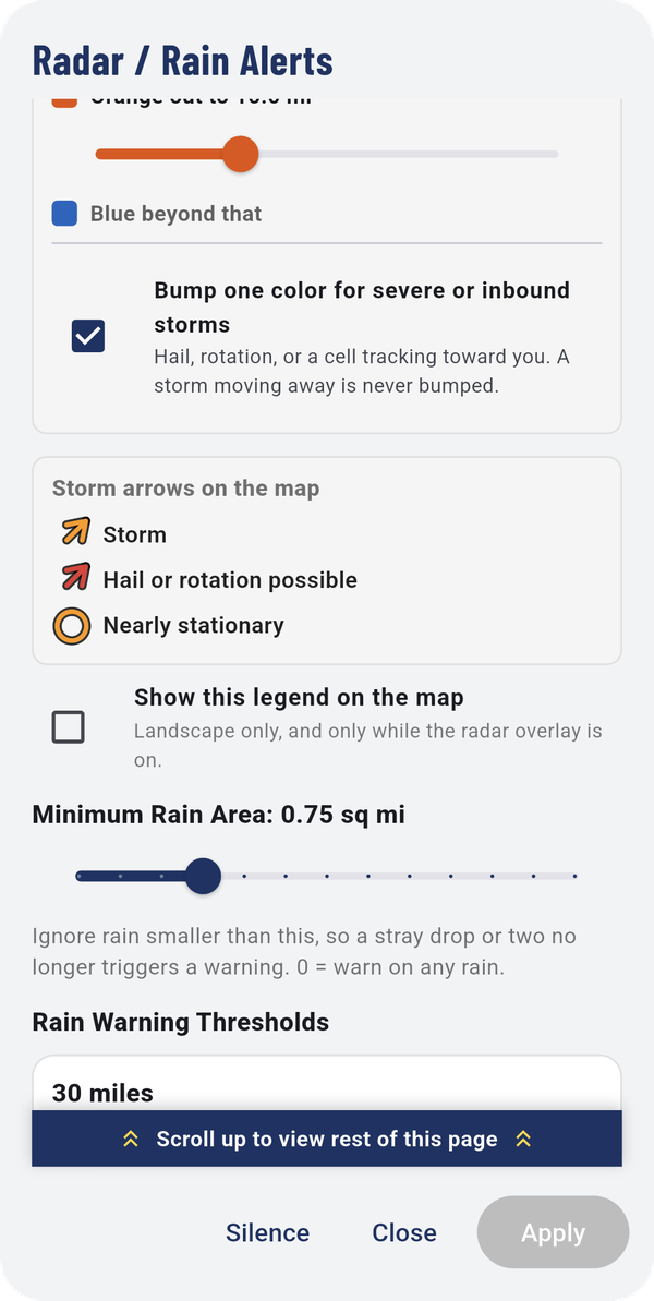The storm arrow legend, in Radar / Rain Alerts.