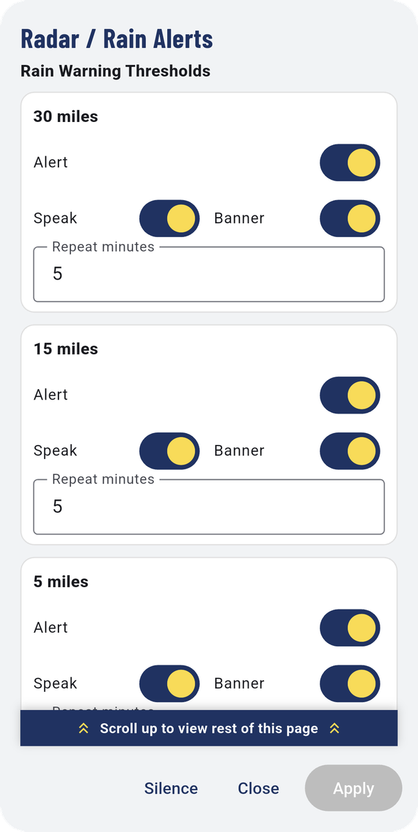 Rain warnings and banner colors (left), and the rain warning distances (right).