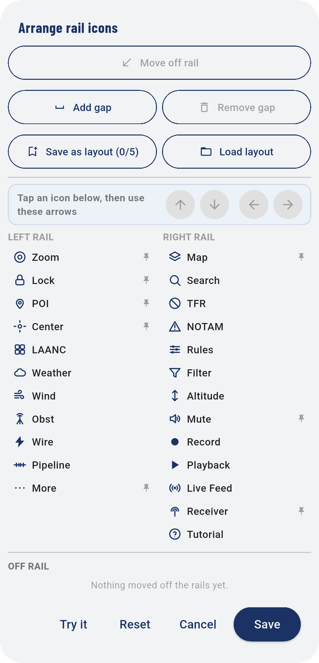 Arrange rail icons. A pin marks the buttons that must stay on a rail.