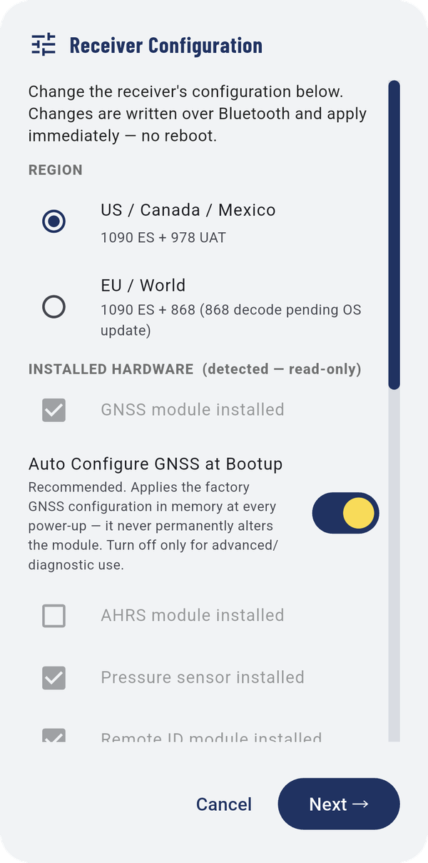 Receiver Configuration: the first part (left) and the second (right).