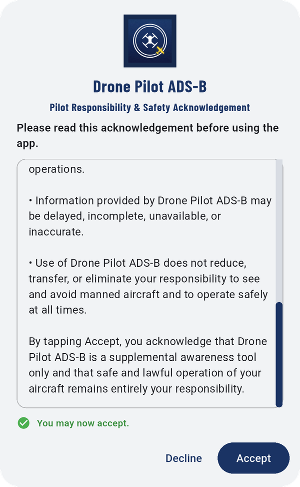 The acknowledgement when it opens (left) and after scrolling to the end, with **Accept** available (right).