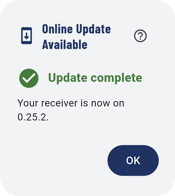 Online Update Available (left), the receiver restarting (middle), and done (right).