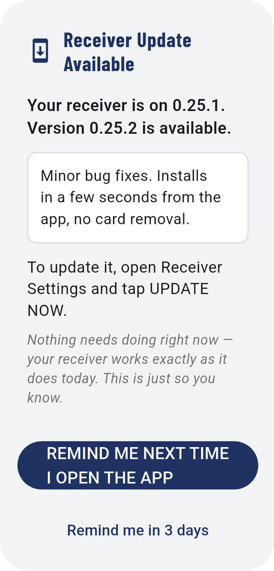 The message when you connect (left) and the panel in the receiver window (right).