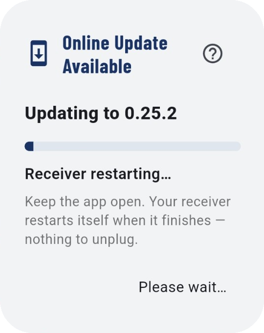 Online Update Available (left), the receiver restarting (middle), and done (right).