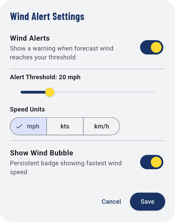 Wind Alert Settings.