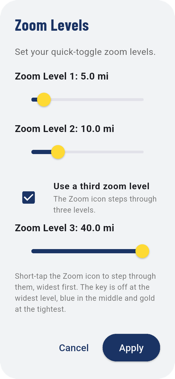 Zoom Levels, with the factory settings of 5, 10 and 40 miles.
